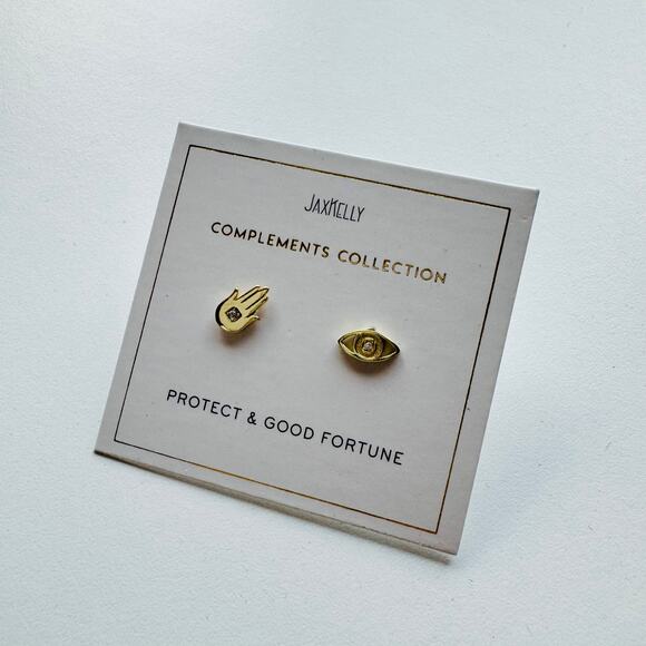 NEW ANTHROPOLOGIE JaxKelly 18kt Hamsa Hand Evil Eye Stud Earring Set Jewelry - Picture 7 of 8